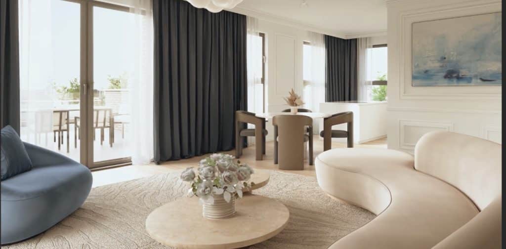 Living d'un appartement de la résidence Piercot 35 (visuel 3D)